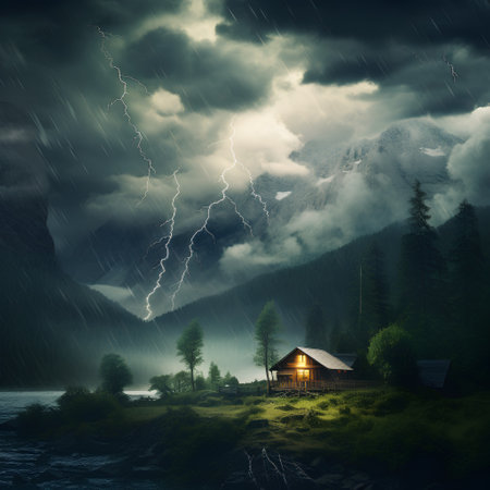 Fantastic night landscape in the mountains. Dramatic sky with lightning and clouds.の素材