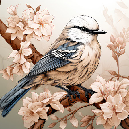 Bird on a branch of sakura. Vector illustration in sketch style.の素材