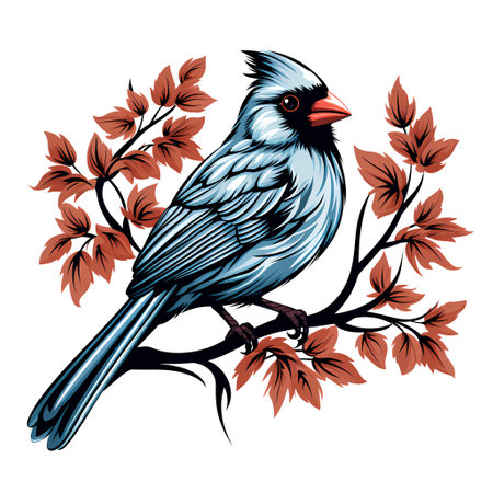 Vector hand drawn illustration of cardinal bird on branch with autumn leaves.の素材