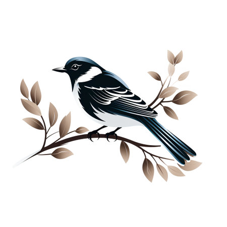 Cute bird on branch with leaves. Vector illustration in cartoon style.の素材
