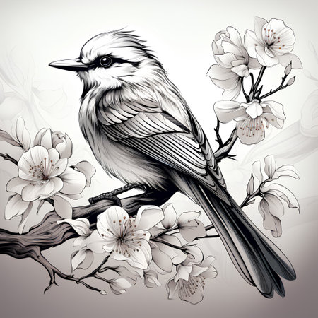 Hand drawn sketch of a bird on a branch of jasmine flowers.の素材