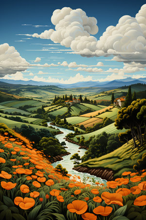 Beautiful landscape with poppy field, river and village. Vector illustrationの素材