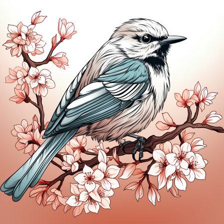 Hand drawn vector illustration of a blue tit bird on a branch of sakura.の素材