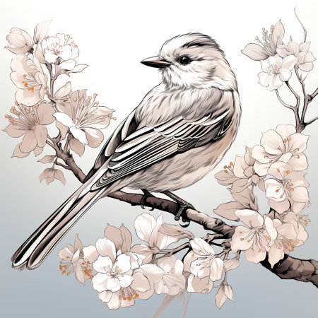 Sketch of a bird on a branch of sakura.の素材