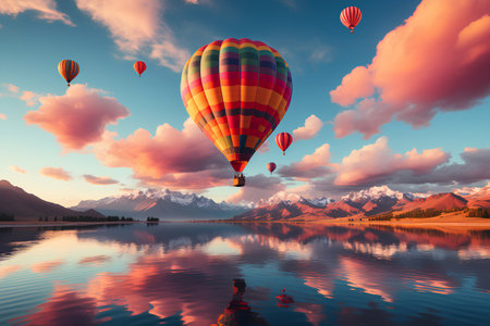Hot air balloons over lake and mountains at sunset. 3d renderingの素材