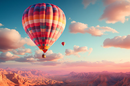 Colorful hot air balloon flying over the mountains. 3d renderingの素材