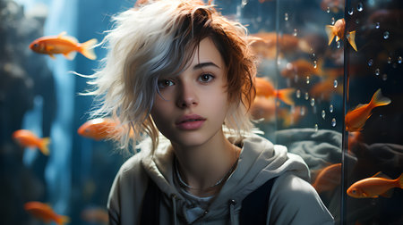 Portrait of a beautiful young girl in an aquarium. 3d rendering.の素材