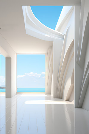 3d render of interior design with blue sky and sea view.の素材