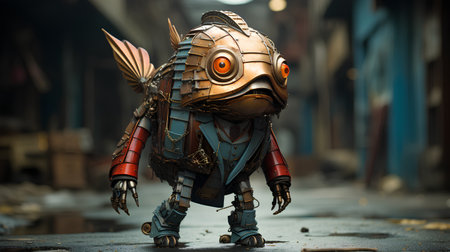 3D rendering of a fantasy warrior in an abandoned factory, 3D illustration.の素材
