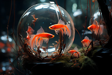 Goldfish in a glass aquarium. 3d rendering, 3d illustration.の素材