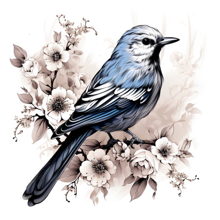 Hand drawn blue tit bird with flowers. Vector illustration in vintage style.の素材