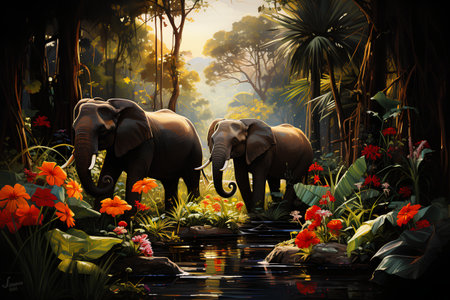 Elephants in the jungle. 3d illustration. Nature.の素材