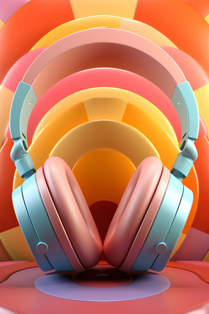 Headphones on colorful background. 3D illustration. Music concept.の素材