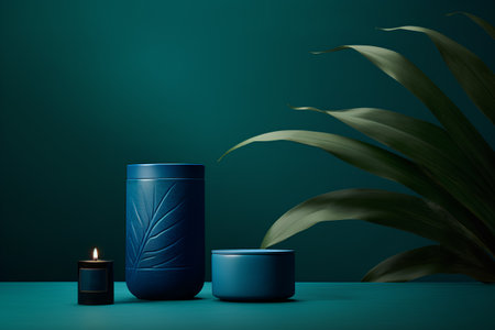 Mockup of blue cosmetic jar, candle and green leaves on green background.の素材