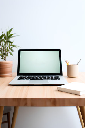 Close up of modern workspace with blank screen laptop, coffee cup and other items on wooden table. Mock upの素材