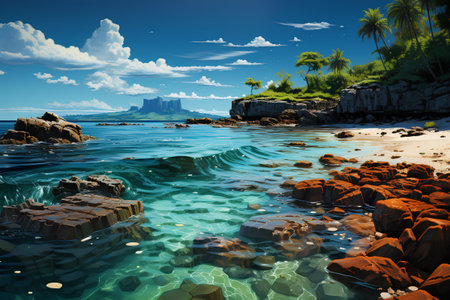 Beautiful seascape with rocks and tropical island. 3d renderingの素材