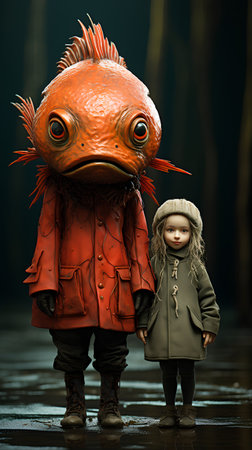 Little girl and boy in a raincoat and a red jacket with a big fish.の素材