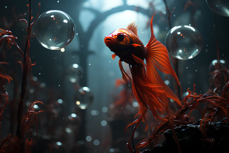 3d rendering of a goldfish swimming in the water with bubblesの素材