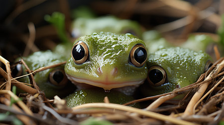 Frog in nest with water drops. 3d illustration. Close-up.の素材