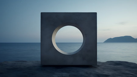 3d rendering of a stone letter O in the sea at sunsetの素材