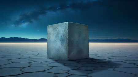 3d rendering of stone cube on desert background with starry skyの素材