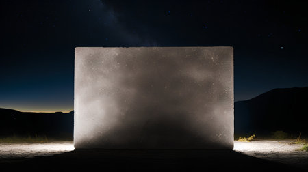 Abstract 3d rendering of an empty concrete box with a starry sky in the backgroundの素材