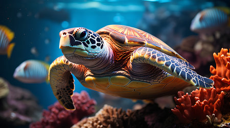 Turtle swimming on coral reef. 3d illustration. Underwater world.の素材