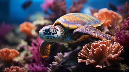 Turtle on coral reef. 3D illustration. Underwater world.の素材