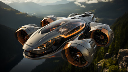 3D CG rendering of High Tech car concept in the mountains.の素材