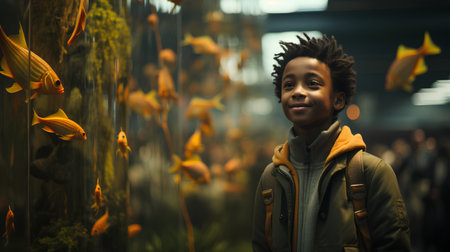 african american boy looking at camera in aquarium with yellow fishの素材