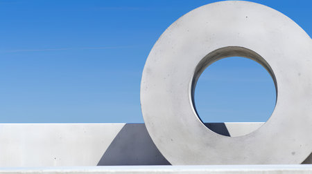 Abstract concrete circle against blue sky background. 3d render illustration.の素材