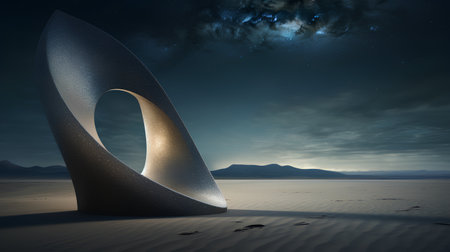 3D Illustration of an Abstract Geometric Shape in the Desertの素材