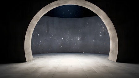 Empty room with archway and starry sky. 3D renderingの素材