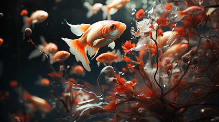 Goldfish and seaweed on dark background. 3d illustration.の素材