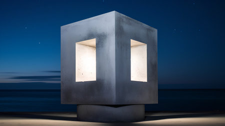 3D rendering of a concrete lamp on the beach by night.の素材