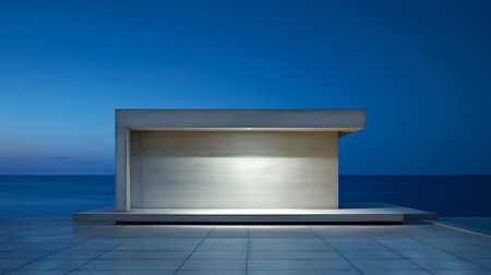 3d rendering of a marble bench at the beach on blue backgroundの素材