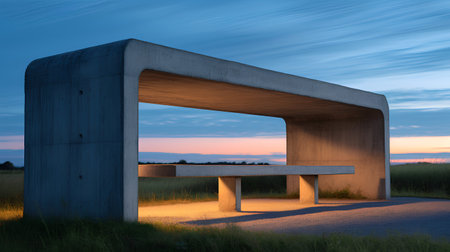 Concrete bench in the field at sunset. 3D render.の素材