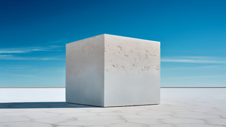 White concrete cube on the desert ground with blue sky background. 3d renderingの素材