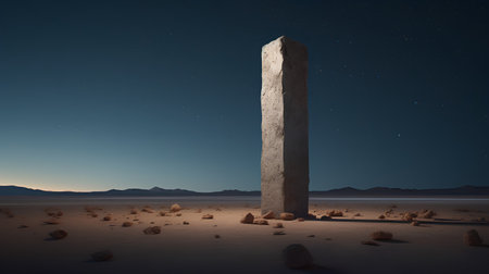 Stone pillar in the desert. 3d render illustration with dark skyの素材