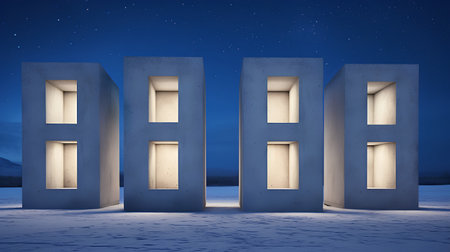 3d rendering of open door in a snowy landscape at night.の素材