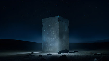 3D rendering of a stone tower in the desert at night.の素材