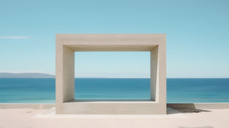 abstract concrete frame on the beach with sea and blue sky backgroundの素材