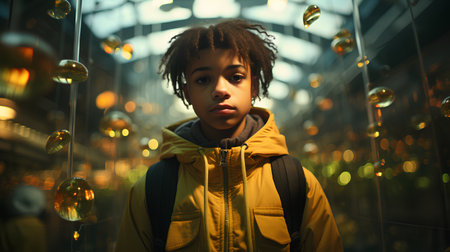 Young african american woman in yellow jacket and yellow jacket with backpack looking at camera.の素材