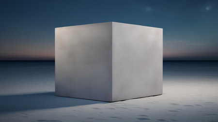 3d rendering of a white cube in the desert at night.の素材