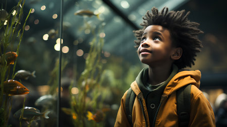 African american little boy looking at fish tank in aquarium. Aquarium concept.の素材