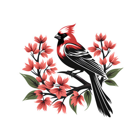 Red cardinal bird sitting on the branch with flowers. Vector illustration.の素材