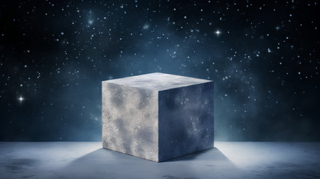 3d rendering concrete cube in dark space with stars and falling snowの素材