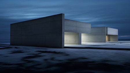 3d render of modern building exterior with concrete columns at night.の素材