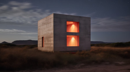 3D rendering of an abandoned building in the desert at night.の素材