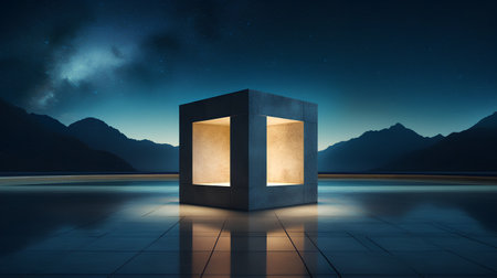 3d rendering of a stone cube in the night sky with starsの素材
